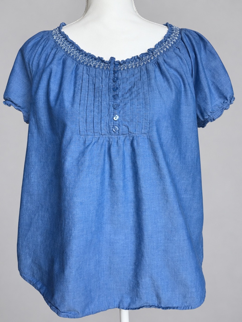 Faded Glory Blue Chambray Cotton Peasant Blouse Medium 8–10